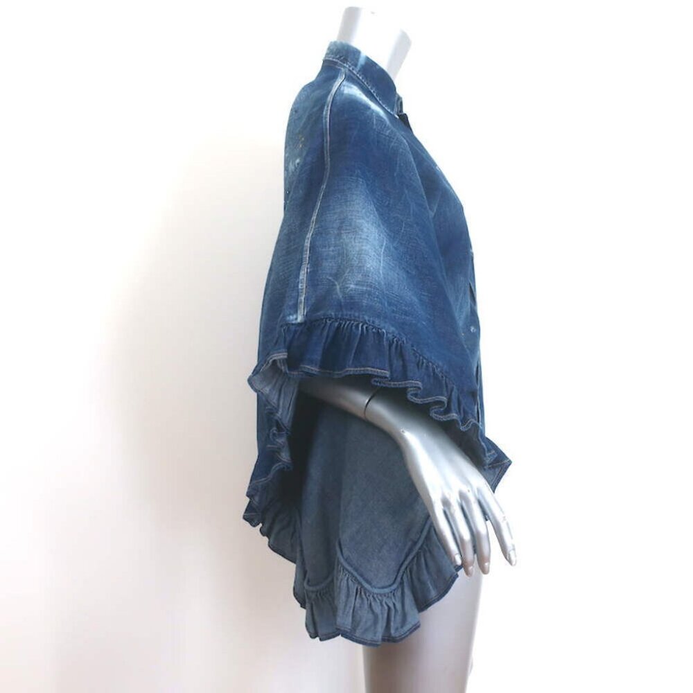 Dsquared2 Lilou Ruffled Paint-Splattered Denim Shirt Dark Blue Size 38 - Picture 4 of 9